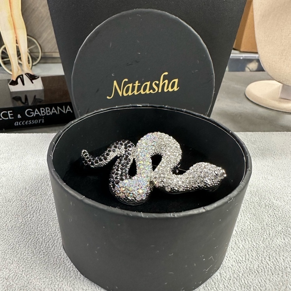 Natasha Black and Aurora Borealis Rhinestone Snake Pendant Brooch Pin